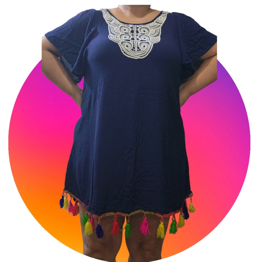 Women's navy blue swimsuit coverup colorful tassels on hem XL